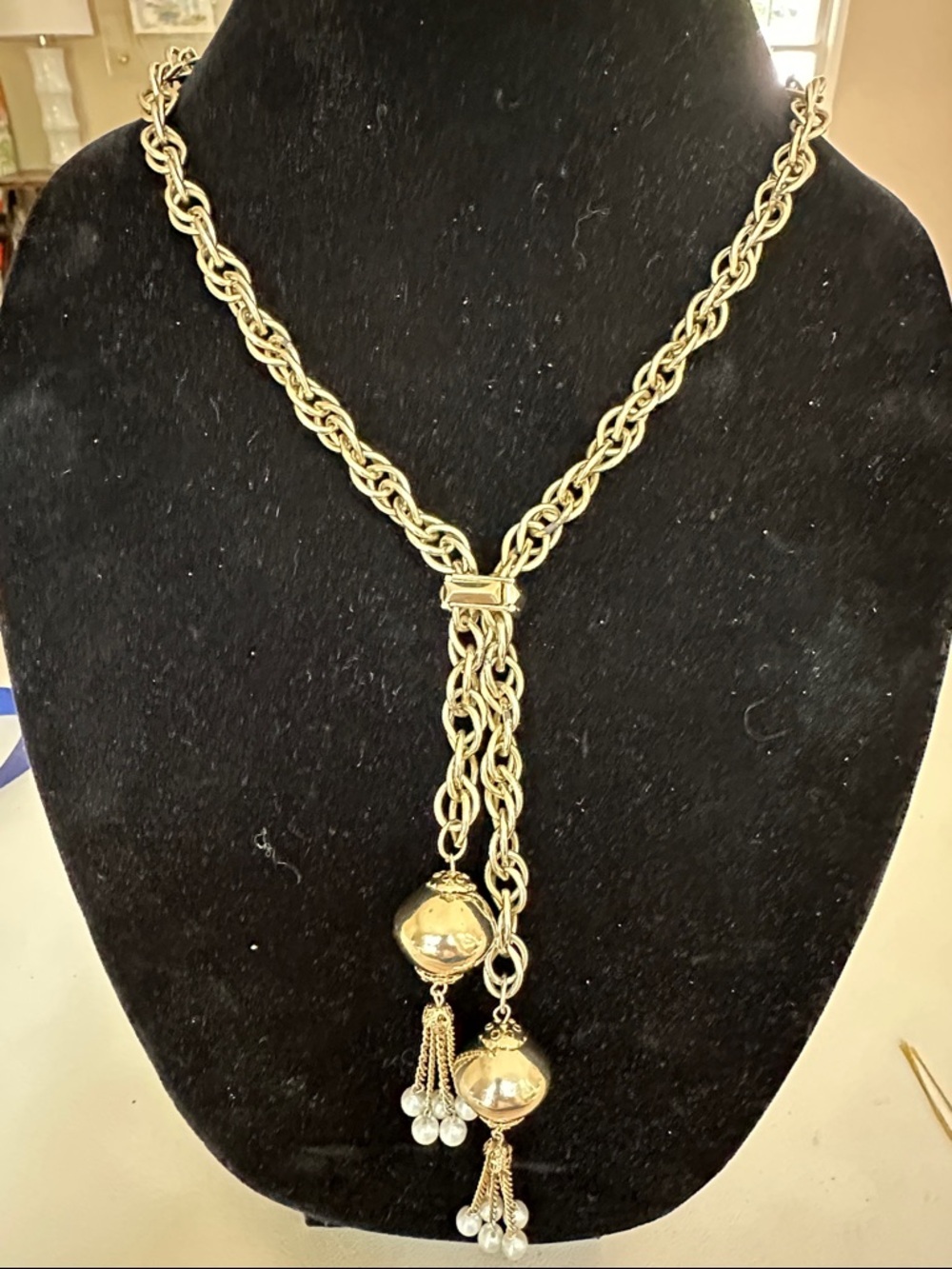 Gold-Tone Adjustable Lariat Chain Necklace with Pearl Tassel Drops